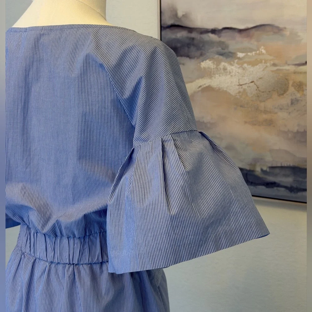 100% cotton Blue White Striped Midi Dress with Flare Sleeves - Picture 8 of 16